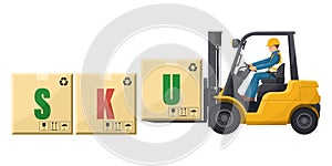 Industrial worker driving a forklift loading boxes. SKU, Stock Keeping Unit. Inventory management method for product rotation in
