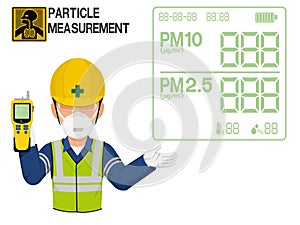 An Industrial worker with dust mask is presenting display screen of the particle detector