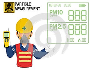 An Industrial worker with dust mask is presenting display screen of the particle detector