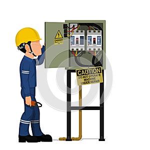 An industrial worker with electrical cabinet on white background