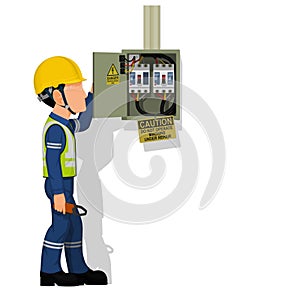 An industrial worker with electrical cabinet on white background