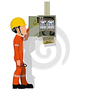 An industrial worker with electrical cabinet on white background