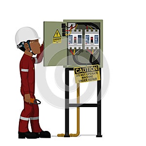 An industrial worker with electrical cabinet on white background