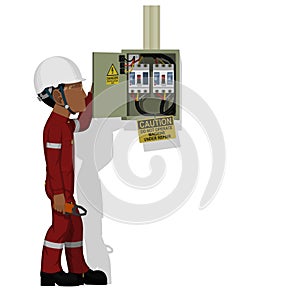 An industrial worker with electrical cabinet on white background