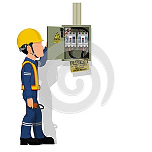 An industrial worker with electrical cabinet on white background