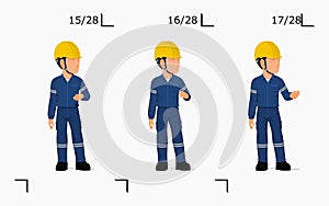 An industrial worker is explaining something on the floor