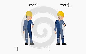 An industrial worker is explaining something on the floor