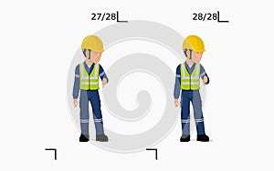 An industrial worker is explaining something on the floor