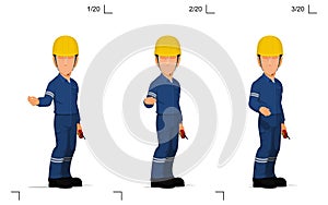 An industrial worker is explaining something on the floor