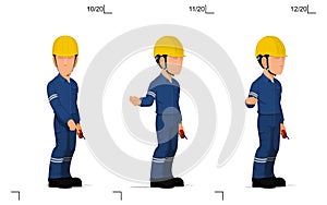 An industrial worker is explaining something on the floor