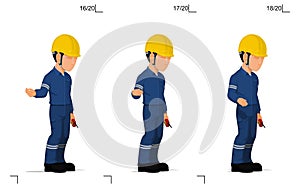 An industrial worker is explaining something on the floor
