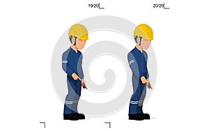 An industrial worker is explaining something on the floor