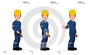 An industrial worker is explaining something on the floor