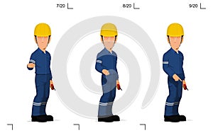 An industrial worker is explaining something on the floor