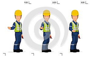 An industrial worker is explaining something on the floor