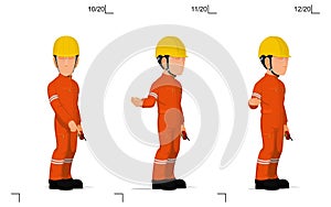 An industrial worker is explaining something on the floor