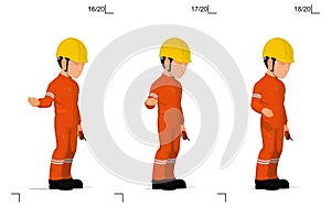 An industrial worker is explaining something on the floor