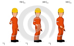 An industrial worker is explaining something on the floor