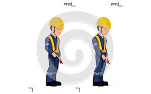 An industrial worker is explaining something on the floor