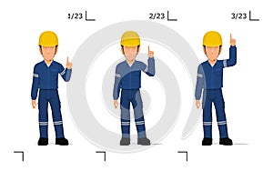 An industrial worker is explaining something over his head