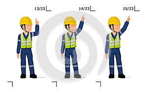 An industrial worker is explaining something over his head