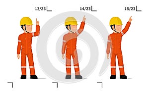 An industrial worker is explaining something over his head