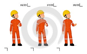 An industrial worker is explaining something over his head