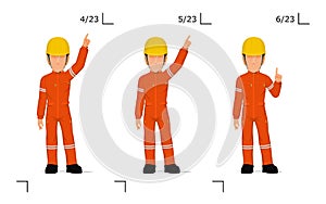An industrial worker is explaining something over his head