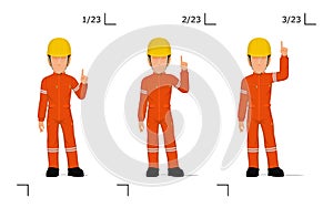 An industrial worker is explaining something over his head