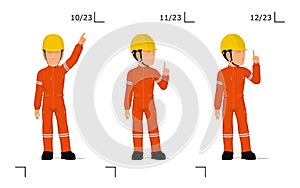 An industrial worker is explaining something over his head