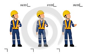 An industrial worker is explaining something over his head