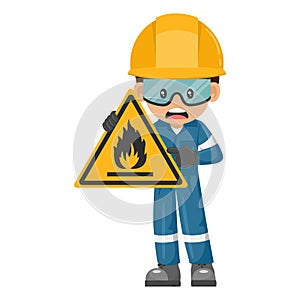 Industrial worker with flammable material hazard sign warning. Caution pictogram and icon. Worker with personal protective