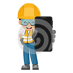 Industrial worker with his personal protective equipment with mobile phone. Industrial safety and occupational health at work