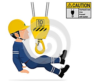 An industrial worker is hit by the crane on transparent background