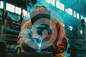 Industrial worker labourer at the factory welding steel structure