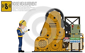 An industrial worker is measuring sound level of the rolling machine