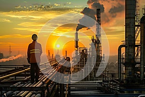 Industrial worker at oil refinery at sunset with orange sky and pipes reflecting sunlight