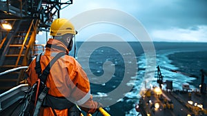 Industrial Worker Overlooking Offshore Operations at Dusk. Safety and Exploration Concept. Marine Engineering and Energy
