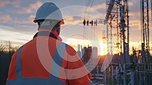 Industrial worker overlooking power grid at sunset