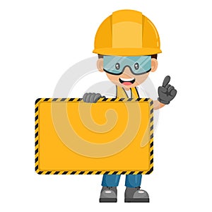 Industrial worker in personal protective equipment holding sign with copy space for text for advertising, presentation, brochures