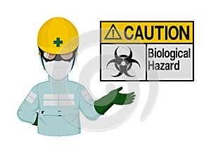 Industrial worker is presenting bio hazard sign