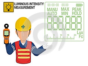 An Industrial worker is presenting display screen of the Lux meter