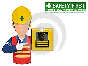 Industrial worker is presenting high visibility clothe sign