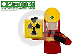 Industrial worker is presenting Radiation Hazard sign