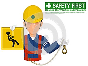 Industrial worker is presenting safety harness sign photo