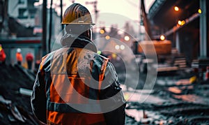 Industrial Worker in Protective Gear Overlooking a Busy Construction Site, Embodying the Essence of Labor, Engineering, and Safety