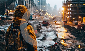 Industrial Worker in Protective Gear Overlooking a Busy Construction Site, Embodying the Essence of Labor, Engineering, and Safety