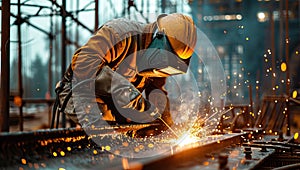 Industrial worker with protective mask welding steel structure at construction site