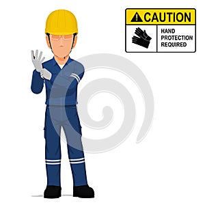 An industrial worker is putting on the gloves on white background