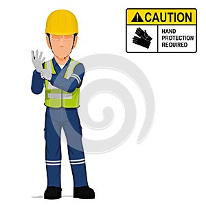 An industrial worker is putting on the gloves on white background